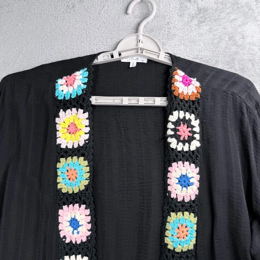 Calista Kimono Cardigan Women Medium Black Crochet Granny Square Casual Bohemian